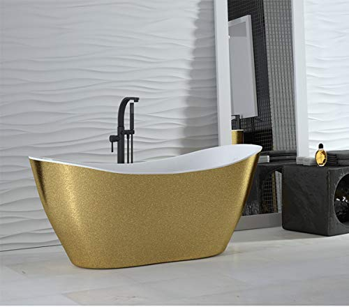 ECOLAM® exklusive freistehende Badewanne Standbadewanne moderne ausgefallene Wanne freistehend Viya + Ablaufgarnitur Click Clack Design Mineralguss 160x70 cm glamour Luxus gold Brokat-Effekt