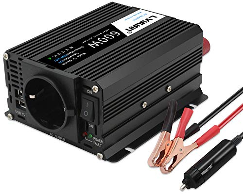 Inversor 12v a 220v - 240V 600W Cantonape Onda Sinusoidal Modificada Transformador 12v a 220v Conversor con 2 Puertos USB y 1 Enchufe de AC Diseño de Aluminio, con Mechero de Coche