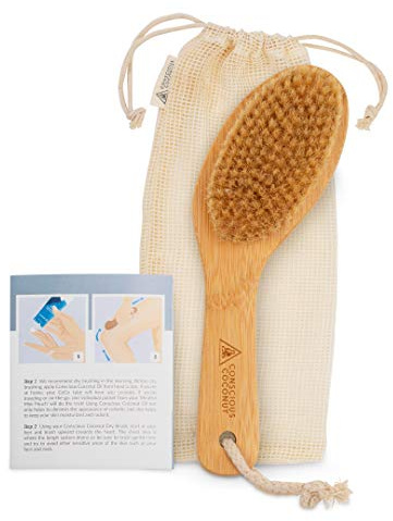 Dry Brush - Sustainable Bamboo Body Scrub Brush with Travel Bag and How-to Dry Brush Guide for Skin Care, Great Gift for Self Care, Exfoliating, Cellulite, Dry Skin - Conscious Coconut