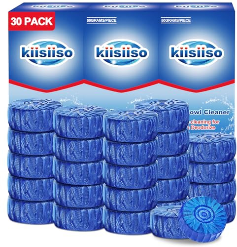 KIISIISO toalettskålsrengöringstabletter, blå automatiska toalettrengöringsmedel, septiskt säker ring fläckborttagare, toalett spolning rengöring & luktborttagare, fräsch doft – 30-pack