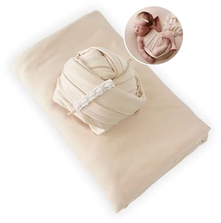 Honra Newborn Photography Wraps Baby Posing Props Stretch Jersey Fabric for Professional Photoshoot (Backdrop with Wrap, Beige)