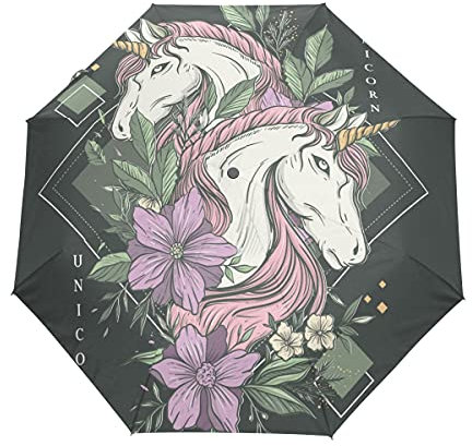 Pferd Rosa Rosa Grün Regenschirm Auf-Zu Automatik Taschenschirm Winddichter Umbrella Klein Leicht Schirm Kompakt Schirme für Jungen Mädchen Reise Strand Frauen