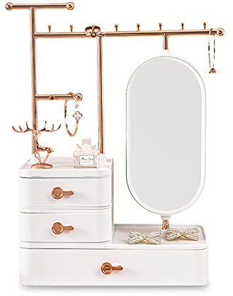 Galatée Espositore portagioie con specchio Portagioie in metallo a 3 livelli Supporto regolabile in altezza Espositore per collane, Organizer da scrivania per orologi bianco