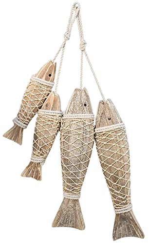 ZOYIEP 2 Stück Deko Fische, Holz Fische Anhänger, Maritime Hängedeko Holzfische mit Schnur zum Aufhängen Fischernetz Deko Groß Mediterrane Deko (S)