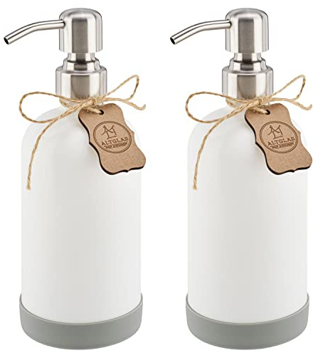 ALTGLAS Seifenspender Set 'Sarajevo' aus Weißer Glas Flasche mit Edelstahl Pumpkopf und Silikon Untersetzer (2 Stück a 500 ml)