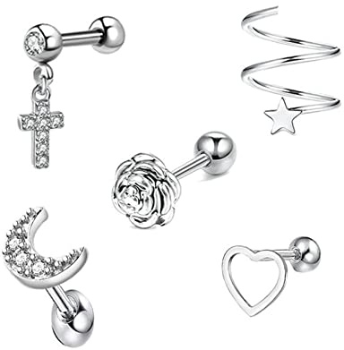 Lieson 5 Stück Nasenpiercing Ring Edelstahl 16G Nasenring Nasenstecker Mond Stern Herz Dreieck Mit Zirkonia Piercing Septum Knorpel Tragus Helix Ohrringe Set