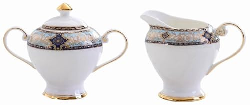 Eplze Bone China Milk jug& Sugar Bowl- Royal Pattern (Sky Blue)