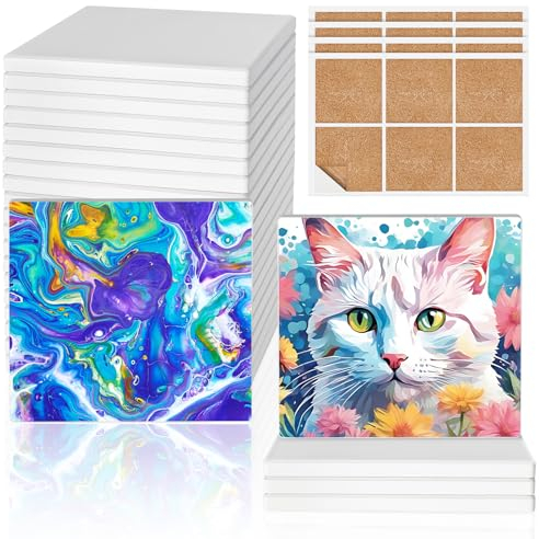 Ceramic Tiles for Crafts, GOH DODD 24 Pack Unglazed Blank Coasters Paint Your Own Coasters White Tiles with 24 Cork Backings for Alcohol Ink, Painting, Acrylic Pouring, Square, 4 Inch