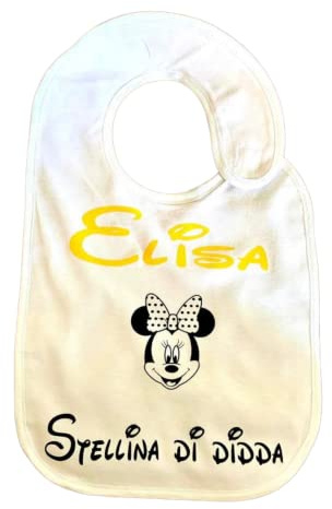 Bavoir personnalisé avec Minnie. Bavoir en coton sur le devant et imperméable sur le dos, pour éviter le transfert de liquides. Fermeture latérale en velcro doux