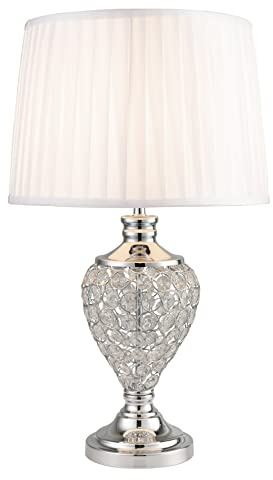 Lighting Supermarket Hepburn Large Crystal Glass Table Lamp with Chrome Base and Fabric Shade, Decorative Lighting for Living Room or Hallway (Grey Linen)