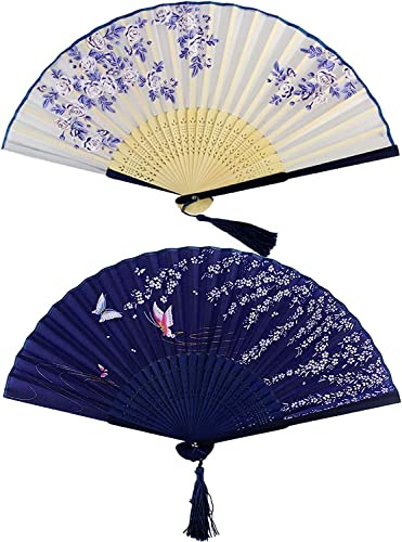 Folding Fans, 2 Pack Chinese Hand Fan Handheld Bamboo Silk Fabric Folding Hand Fans with Tassel for Wedding Party Wall Decoration