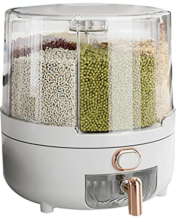 Vesone Rice Dispenser, 6-Grid Round Food Dispenser, 360° Rotating Cereal Dispenser, Moistureproof Dry Food Storage Containers with Lid for Grains Rice Sugar Seasoning