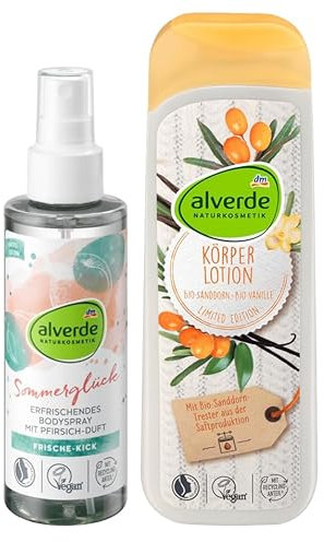 alverde NATURKOSMETIK 2er-Set Körperpflege: Frischespray SOMMERGLÜCK Bodyspray mit Pfirsichduft (150 ml) + Bodylotion mit BIO-SANDDORN & BIO-VANILLE Körperlotion Feuchtigkeitspflege (250 ml), 450 ml