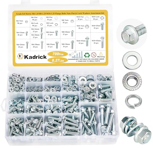 Kadrick 700Pcs Grade 8.8 Metric Bolt Assortment, M6 M8 M10 Flange Hex Heavy Duty Bolts and Nuts Kit,M6 x1.0 M8 x1.25 M10-1.25 (12mm to 45mm),Eco-Friendly Zinc Plated