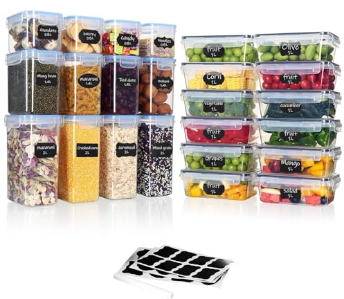 Set di 24 Contenitori Ermetici per Alimenti ：12 Contenitori Plastica con Coperchio (Impilabili/Blu) per Armadio e 12 Contenitori Plastica con Coperchio (Orizzontali/Neri) per Frigorifero e Trasporto.