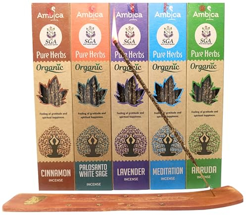 Genérico Incienso Natural Ecológico, Incienso Orgánico sin Tóxicos, Incluye: Palo Santo Salvia Blanca, Canela, Lavanda, Meditación, Ruda, Aromaterapia + Quemador 12x18g