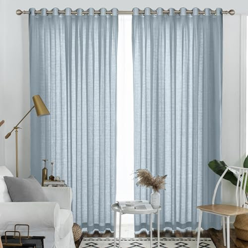 Melodieux Dusty Blue Semi Sheer Curtains 108 Inches Long for Living Room Patio Door, Extra Long Bedroom Linen Look Rustic Grommet Sheer Drapes, 52 W x 108 L, 2 Panels