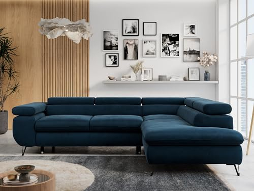 MKS MEBLE Ecksofa Wohnlandschaft L-Form mit Schlaffunktion und Bettkasten, Schlafsofa mit Bettkasten, Sofa mit Einstellbare Kopfstützen, Peter L - Velvet - Rechts Dunkelblau
