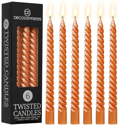 DECO EXPRESS Stabkerzen Set, 6er Packung, Tropffreie Gedrehte Bunte Kerzen, 6 Stunden Brenndauer Unparfümiert, Schlafzimmer Deko Geschenke für Valentinstag und Muttertag (Metallic-Orange, 6er-Pack)