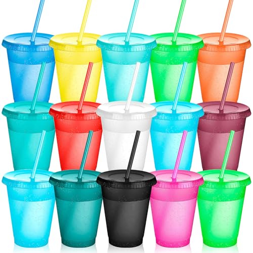 MSYU Kids Plastic Cups with Lids,15Pack Reusable Bulk Funny Travel Tumblers Set for Birthdays - Party & Travel - 16oz Iced Smoothie Coffee Drinking Cup, Multi Colors