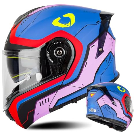 RYDZCLH Casque De Moto Rabattable, Casque Intégral De Sport Approuvé par Le Dot, Casque De Moto avec Double Pare-Soleil Arrière, Casque Modulaire De Course,Bleu,3XL 65~66cm