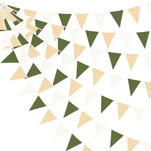 Ghirlanda di bandierine da 9 m, verde oliva, kaki, bianco, decorazione per feste, verde salvia, beige, crema, tessuto neutro, bandierine triangolari, bandierine per compleanni, matrimoni, foreste,