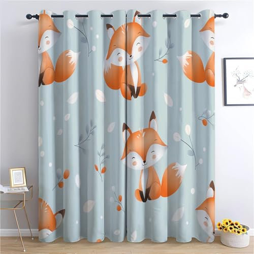 Vorhang Blickdicht Thermovorhang Niedliche Füchse Im Cartoon-Stil Muster Gardinen Wohnzimmer Vorhänge Kinderzimmer Geräuschreduzierung Dekoration für Schlafzimmer Fenster Hellblau 215 x 110 cm