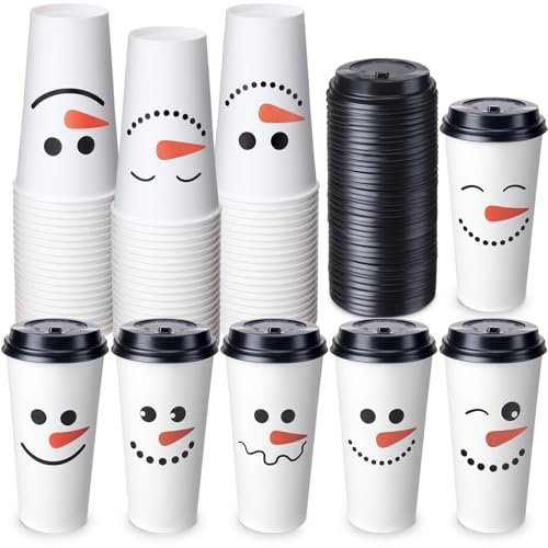 Sliner 120 Stück Schneemann Einweg-Papier-Kaffeetassen mit Deckel, Winter-Kakaotassen, Teepapier, Weihnachtsbecher, Einweg-Kaffeetassen für Heißgetränke, Papier-Kaffeetassen für Neujahr, Feiertage,
