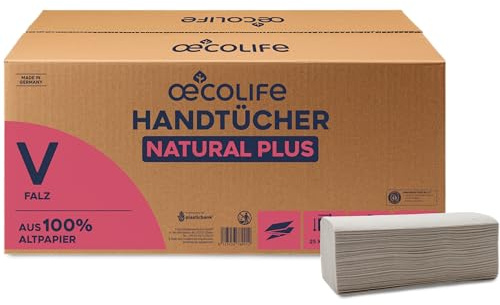 œcolife Papierhandtücher Recycling, 2 lagig, V-Falz, 3000 Blatt, 25x23cm | saugstarke Falztücher aus 100% Altpapier, graues Papier, kompatible Einmalhandtücher für Standard-Spendersysteme in Gewerbe