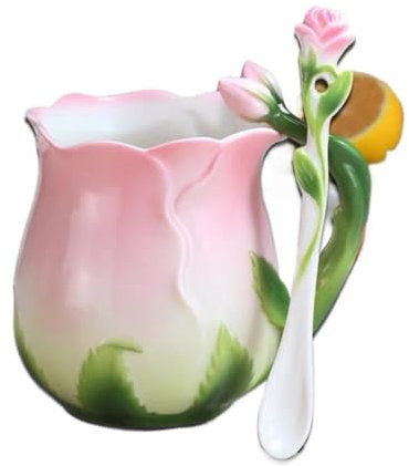 HFGDRH Tazzine da Caffè Vintage, Mugullo di caffè in ceramica smalto Creativo 3D Rose Flower Shape Teacups Pastoral 4 colori Colazione Tazze di latte con cucchiaio(Pink)
