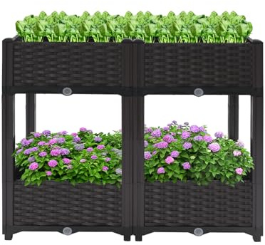 Hochbeete für Garten, 2-Etagen Gartenbox mit 4 Fächern, Hochbeet aus PP, Pflanzbeete für den Außenbereich, Erhöhte Pflanzer Gartenbox für Blumen, Gemüse und Kräuter, 80×40×67 cm