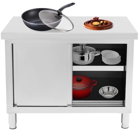 Tavolo da lavoro da cucina, in acciaio inox per la preparazione con ante scorrevoli, armadi da lavoro in acciaio inox, per cucine, garage, giardini, bar, due misure disponibili (120 x 50 cm)