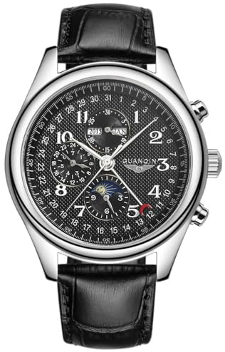 Guanqin Herren Multifunktions Automatik Selbstaufzug Mechanische Uhr Saphirglas Business Mondphase Ewiger Kalender Wasserdichte Uhr Mann Edelstahl oder Lederband Armbanduhr