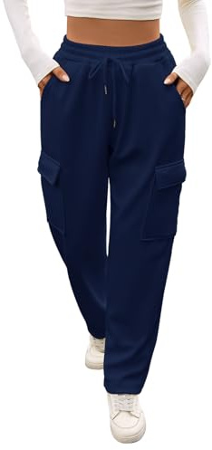 Kfnire Thermohose Damen Winter Thermo Jogginghose Damen mit Cargotaschen Elastische Hohe Taille Dünnes Fleecefutter Gerades Bein (Marineblau,M)