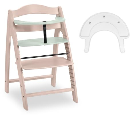 hauck Arketa Hochstuhl mit Klick-Spielbrett (ohne Spiel), Whitewashed Mint | 13-fach verstellbare Sitz & Fußplatte, 5-Punkt-Gurt, Schrittgurt, Schutzbügel, Kinderhochstuhl aus Buche, 6 Monate bis 130 kg