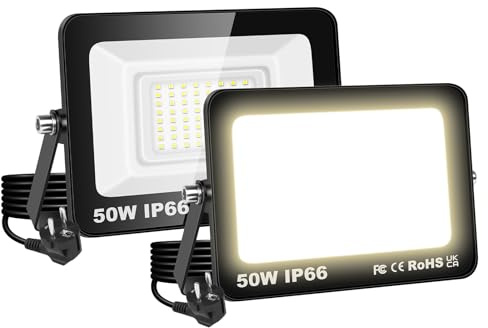 RIGIDON 2x LED Strahler Außen, 50W 5000LM 3000K Warmweiß IP66 Wasserdicht | mit Stecker, Led Scheiwerfer Außenstrahler Fluter Flutlicht Spotlight Außenlampe für Garage Garten Sportplatz Terrasse Hof