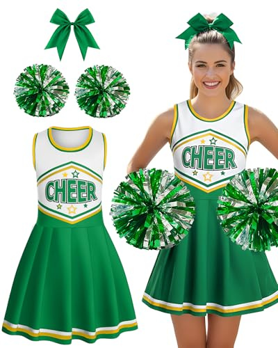 JenPen 3 Pcs Halloween Cheerleader Costume for Women Adult Girls Cheerleader Outfit Set Cheerleading Uniform Dress for Party, Green, Medium