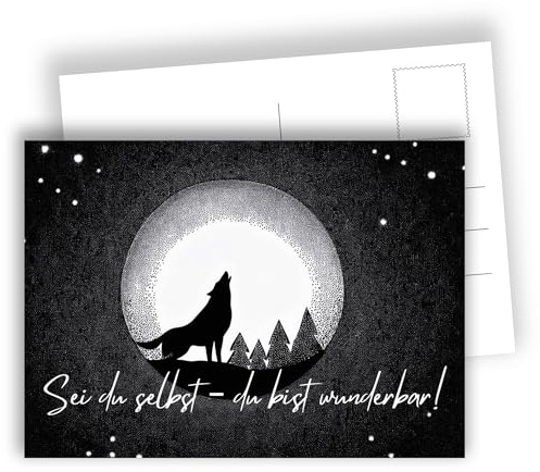 Edition Colibri Mondschein-Postkarten Wolf Schwarz-Weiß – Sei du selbst – Motivationskarte | Set mit 10 flachen Karten (A6) – Rückseite zum Beschreiben