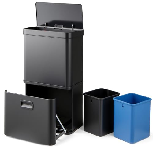 COSTWAY 56L Automatic Kitchen Bin, Touchless Motion Sensor Garbage Bin with 2 Removable Recycling Bin & Soft Closure Lid, Anti-Fingerprint Stainless Steel Smart Trash Can for Home Office (Black)