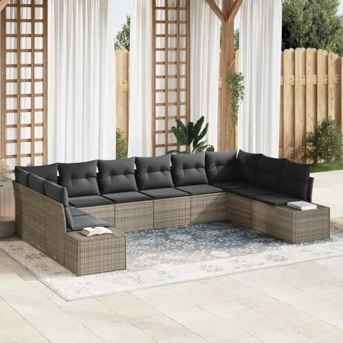 Qnhdfrt 10-teiliges Garten-Sofa-Set Grau Poly-Rattan mit Kissen, platzsparendes Outdoor-Loungeset für Balkon, Terrasse und Garten, modernes Design, modular anordbar