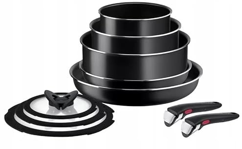 Tefal Ingenio Easy Cook & Clean Topfset, Schwarz, Aluminium, 10-teilig, Abnehmbarer Griff, Antihaftbeschichtung, 16-28 cm, mit 3 Glasdeckeln