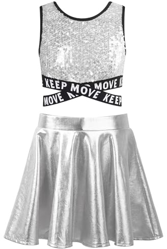 EURDFHY Cheerleader outfit Kids Girls Cosplay Cheerleader Costume Cheer Dance Outfit Sequins Cheerleading Uniform Crop Top Skirt For Dancewear Clothes(Silver,6)