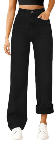 Générique Jean Coupe Droite Femme - Jeans Baggy Femme Taille Haute Epais | Tendance Et Décontracté Pantalons Doublé en Polaire Confortable Trousers Taille Elastique Thermique