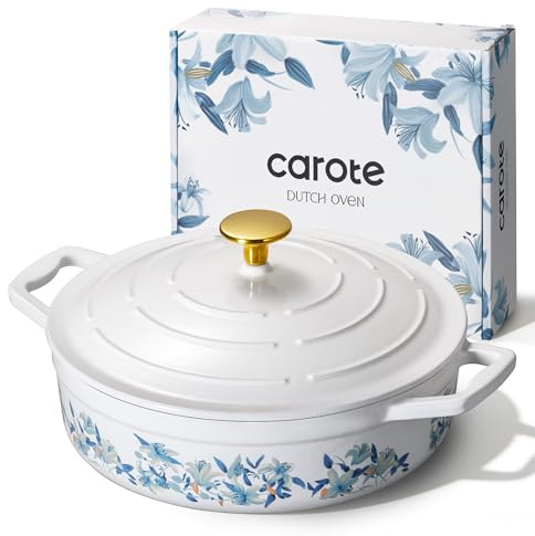 CAROTE 3.5QT Shallow Dutch Oven, Enameled Flora Cast Iron Braiser Pan Casserole Skillets with Lid, Versatile Heavy-Duty Cookware for Sourdough Bread Baking, Braising, Stews, Roasting, All Stovetop