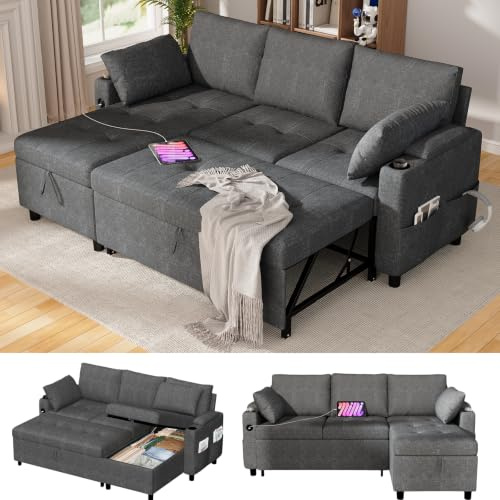 YODOLLA L Shaped Corner Sofa Bed with Storage, 3-in-1 Pull Out Sleeper | USB-C Port & Cup Holders,Hidden Storage, Side Pockets, Quick-Convert Sofa Bed with Reversible Chaise, 188cm Dark Grey