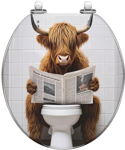 Niedlicher, lustiger, dekorativer WC-Sitz mit Highland-Kuh-Motiv, rund, aus Kunstharz, mit Absenkautomatik und Schnellverschluss-Scharnieren, Abdeckung und Stoßdämpfern, einfache Montage, hy