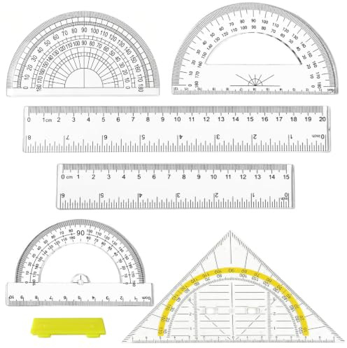 6 Stück Geometrie Set Transparent | Winkelmesser Set, Lineal Set (15cm & 20cm) und Geodreieck mit Griff, Präzises Zeichenwerkzeug für Schule, Studium und Büro