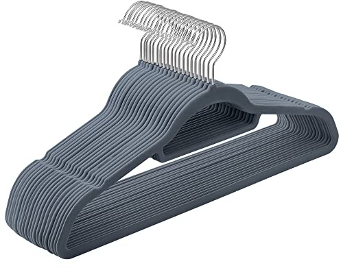 SONGMICS Percha de Terciopelo, Juego de 20, Antideslizantes, con Barra Corbata y Gancho Giratorio 360°, 0,6 cm Espesor, Ahorra Espacio, 43,5 cm Largo, para Abrigo Pantalón, Gris Claro CRF20VX