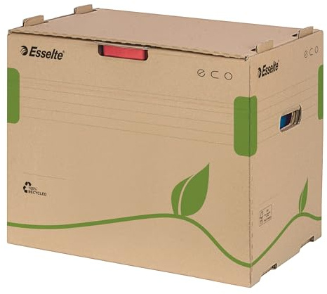 Esselte Eco arkivbehållare, förvaringslåda för 5 A4-mappar, förvaringsbox med lock, transportlåda med handtag, 100% återvunnen wellpapp, 100% återvinningsbar, 10 stycken, naturbrun, 623920