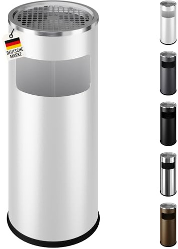 WELLGRO 2 in 1 Standaschenbecher Edelstahl für draußen – Wetterfester Standascher weiß mit Mülleimer & Abfalleimer, großer Aschenbecher für Außenbereich, Terrasse, Eingang & Gewerbe